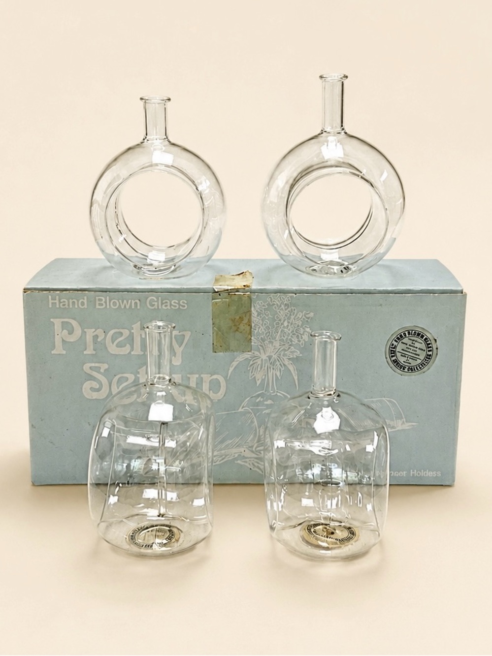 Vintage Hand Blown Glass Pretty Set-Up Napkin Flower Holders Set 4 Boxed